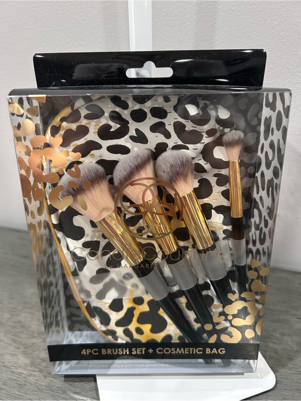 Glam Couture 4pc Gold & Black Makeup Brush Set with Leopard Cosmetic Bag